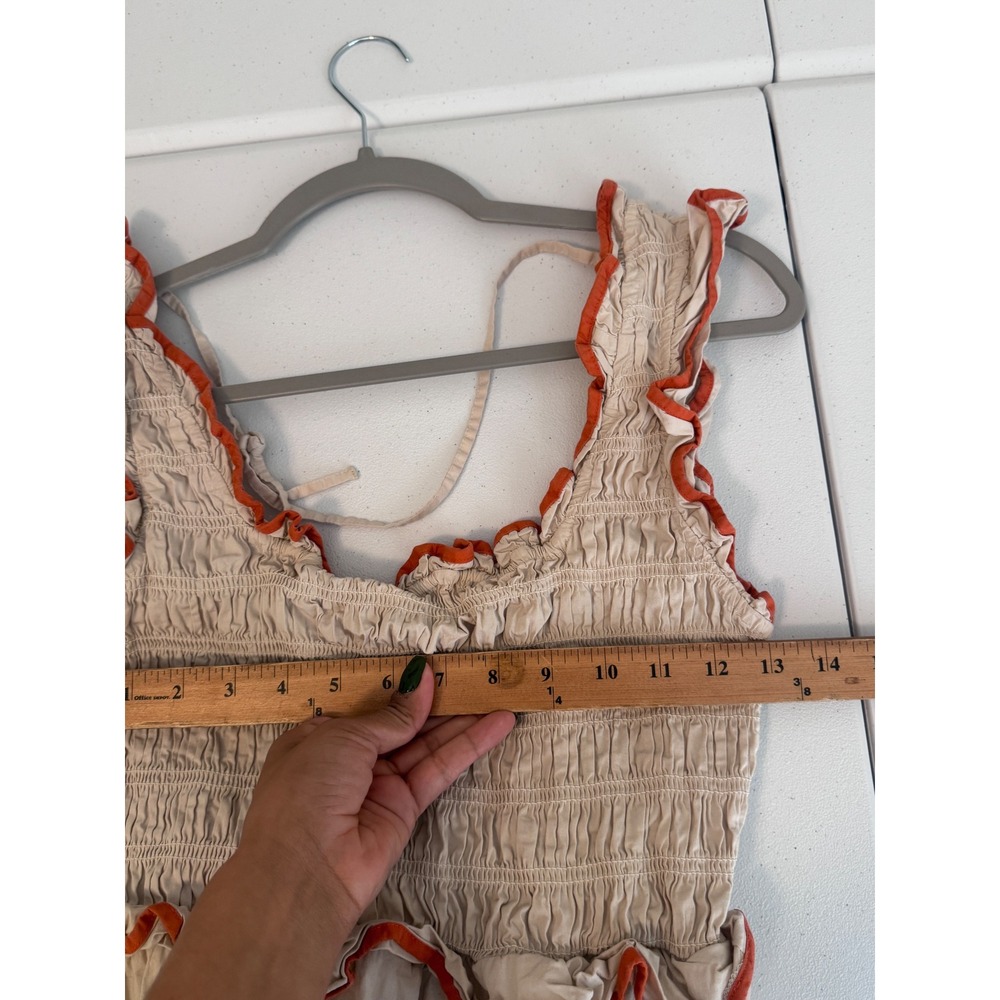 Free People Smocked Ruffle Midi Dress Beige Orange Boho Cottagecore Pockets oo - Picture 9 of 9